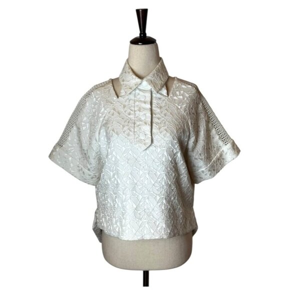 Jonathan‎ Simkhai Shirt Women XS White Abstract Collared Cut Out Textured Top - Picture 1 of 12